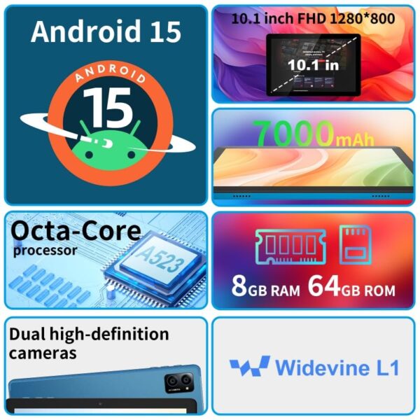 10 inch Android 15 Tablet: Octa-Core, 8GB RAM 64GB, 7000mAh, with Stand Case, IPS HD Display, Wi-Fi 6, OTG, Metal Body – Fast & Portable Tablet for Work & Entertainment, 2-Year Protection - Image 3