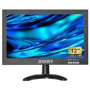 12″ Mini Security Monitor, IPS 1366×768 Metal Screen, HDMI/VGA/AV/BNC/USB Input, Built-in Speakers & Remote, for CCTV Surveillance and Security Systems
