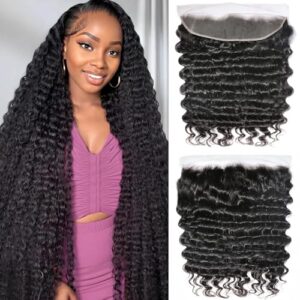 12A 13×4 HD Lace Frontal Human Hair 22 Inch Deep Wave Frontal Pre Plucked with Baby Hair 200% Density Ear to Ear 13×4 HD Lace Closure 100% Virgin Deep Wave Human Bundles Free Part Natural Black Color
