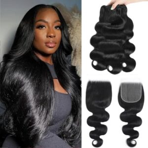 12A Human Hair 3 Bundles With 5×5 Hd Lace Closure 18 20 22+16 Inch Body Wave Human Hair 100% Unprocessed Brazilian Virgin Weave Bundles with Closure Natural Color