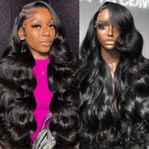 13×6 Body Wave Lace Front Wigs Human Hair 200 Density HD Transparent Lace Frontal Wig Pre Plucked Wigs Human Hair Bleached Knots with Baby Hair for Women Natural Black 32 Inch