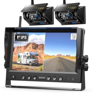 2 Magnetic Solar Wireless Backup Camera HD 1080P 9″ DVR Monitor, Solar Rechargeable RV Backup Cameras Wireless System for Hitching Gooseneck Horse Trailer Fifth Wheels RVs Trucks BL902