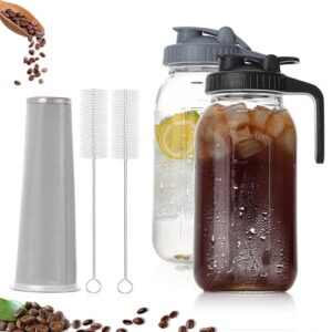 2 Quart Glass Pitcher with Lid for Fridge, Cold Brew Coffee Maker 64 oz, 2 Pack Airtight Leakproof Iced Tea Pitcher with Stainless Steel Filter, New Years Gifts for Friends (Black & Gray)