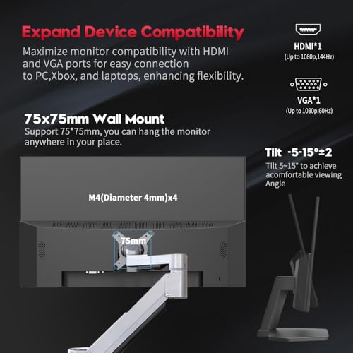 24 Inch Gaming Monitor 1080p 144hz, IPS 1ms FHD Computer Monitor with 110% sRGB, Bluelight Filter, HDMI & VGA Port, Support Wall Mount - Image 7