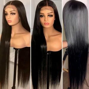 26Inch 4×4 Silky Straight Glueless Lace Front Wigs Pre-Plucked with Baby Hair Human Hair HD Transparent Brazilian Virgin Wear and Go Straight Lace Closure Wigs for Black Women