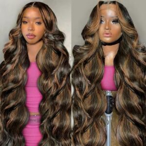 28 Inch Ombre Lace Front Wig Human Hair 1B/30 Highlight Body Wave Lace Front Wigs Human Hair Colored 13×4 Brown Wig 200 Density Balayage Glueless HD Lace Frontal Wigs