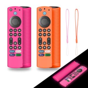 2Pack Silicone Remote Case Cover for Firestick 4K Max (2nd)/Insignia/Pioneer/Omni (QLED) Series Alexa Voice Remote Enhanced w/Lanyard, Glow in The Dark(Glow Rose Red + Glow Orange)
