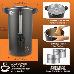 55-Cup 10L Commercial Coffee Urn, Festa Essential 750W Double Wall Large Percolate Coffee Maker Stainless Steel Hot Water Urn Dispenser with Double Dripless Faucet, Quick-Brewing for Catering, Black