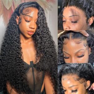 32 Inch Deep Wave Lace Front Wigs Human Hair 13×6 HD Transparent Deep Curly Lace Frontal Wigs Human Hair 180% Density Glueless Wigs Human Hair pre Plucked with Baby Hair Natural Color