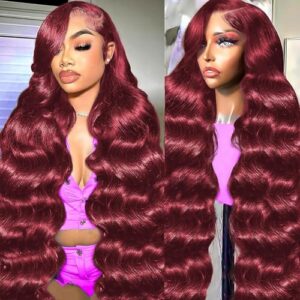 34 Inch 99j Burgundy Lace Front Wigs Human Hair Pre Plucked 13×6 HD Transparent Lace Frontal Human Hair for Women 180% Density Red Wig