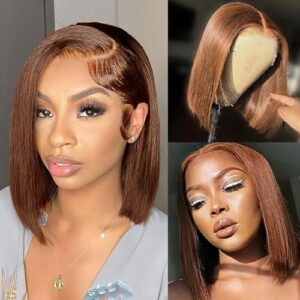 #4 Chocolate Brown Bob Wig Human Hair 13X4 HD Transparent Brown Bob Lace Front Wigs Human Hair Wear and Go Glueless Wigs Pre Plucked Bob With Baby Hair 10 Inch Short Colored Wig For Black Women