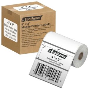 4″ x 2″ Mobile Printer Labels | 25 Rolls | 7500 Labels | fits Zebra ZQ630, QL420, and QLn420 Printers | Black Mark On Liner | .75″ Core Rolls | by Ecotherm