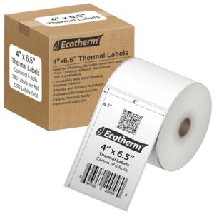4″ x 6.5″ Thermal Labels | 6 Rolls | 2280 Labels | fits Zebra, Munbyn, Rollo, Godex, Arkscan, iDPRT, Offnova Thermal Label Printers and More | Blank White Adhesive Stickers by Ecotherm