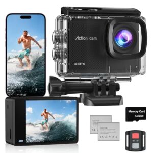4K 60FPS Action Camera with 64GB Card-48MP Waterproof Camera,40M Underwater Camera,8X Zoom,EIS Stabilization,WiFi,Remote Control,MotorcycleCamera with 2 Rechargeable Batteries