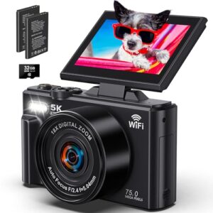 5K Digital Camera for Photography – WiFi 75MP Vlogging Cameras for YouTube – UHD Autofocus Video Camera 3″ 180° Flip Screen with 18X Zoom – Compact Vlog Travel Camara with 32GB SD Card, 2 Batteries