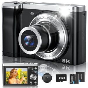 5K Digital Camera,10X Optical Zoom Vlogging Camera with 64GB Card, 56MP Front and Rear Selfie Lens, Flash, Compact Cameras for Photography and Video, 3″ Touch Screen & Two Batteries