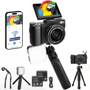 5K Vlogging Camera with WiFi 64MP 4K Digital Camera for Photography Vlog Camera with Flip Screen Video Camera for YouTube with Selfie Light, Desk Tripod, Batteries