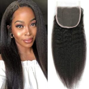 5×5 HD Lace Closure Kinky Straight Human Hair Yaki Straight 12A Brazilian Virgin Remy Frontal With Bundles 100% Human Hair 14 Inch