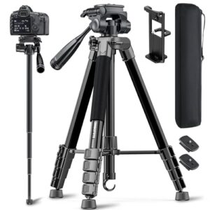 73″ Camera Tripod and Monopod, Professional Aluminum Tripod Stand for Mirrorless Camera/DSLR/Cell Phone/Camcorder/GoPro, with Phone Holder and Travel Bag (Black)
