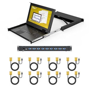 8 Port Rack Mount LCD KVM Console, Yinker VGA KVM Switch with 15.6 inch LCD Monitor, Fit 1U 19″ Rack 600mm-deep Network Server Cabinet w/Keyboard Touchpad Drawer KVM Cables