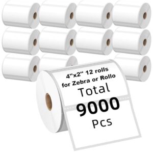 (9,000 Labels/12 Rolls) Zebra Labels 4×2 Direct Thermal Labels -750/Roll – Perforated Stickers for Barcode Addresst, Compatible with Zebra & Rollo Desktop Printer.etiquetas térmicas directas