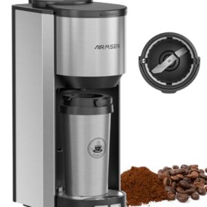 AIRMSEN Single Serve Coffee Maker with Grinder, Grind and Brew All in One – 6-16 Oz Single Cup Coffee Machine with 19 oz Travel Mug – Adjustable Drip Tray, Overheat Protection