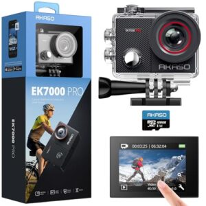 AKASO EK7000 Pro 4K30fps Action Camera with Touch Screen EIS 131ft Waterproof Underwater Camera Remote Control 5X Zoom with Helmet Accessories Kit (with 128GB MicroSD Card)