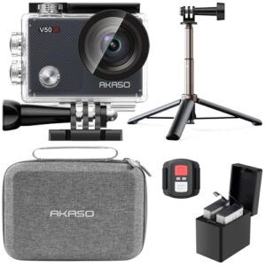 AKASO V50X Native 4K30fps WiFi Action Camera with EIS Touch Screen 4X Zoom 131 feet Waterproof Camera Support External Mic Remote Control (with Selfie Stick Tripod and Carry Bag)