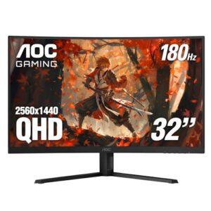 AOC CQ32G4VE 32″ Curved Frameless Gaming Monitor 2K QHD, 1500R Curved VA, 180Hz, 0.5ms Response Time, 2X Display Port, 2X HDMI, Gaming Console Compatible, 3-Year Zero Dead Pixel Guarantee