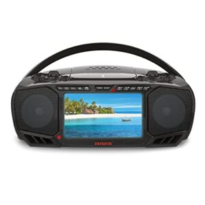 Aiwa Portable Boombox, Crystal Clear Sound with 3W x 2 Speakers and Bass Function, Featuring a 7″ LCD Display, Bluetooth Connectivity, FM Radio, CD/DVD Player, Streaming on Roku and Amazon Firestick