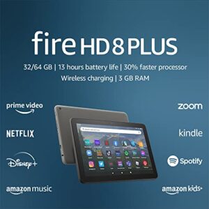 Amazon Fire HD 8 Plus tablet, 8” HD Display, 64 GB, 30% faster processor, 3GB RAM, wireless charging, (2022 release), Gray
