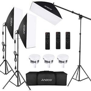 Andoer Softbox Photography Lighting Kit Professional Studio Equipment with 20″x28″ Softbox, 2800-5700K 85W Bi-Color Temperature Bulb with Remote, Light Stand, Boom Arm for Portrait Product Shooting