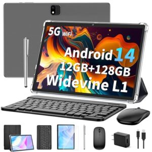Android 14 Tablet with Keyboard, 12GB RAM (6+6), 128GB Storage, 1TB Expandable, 8000mAh Battery, 10 Inch 2-in-1 Tablets, Includes Case, Mouse & Stylus（Black）