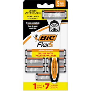 BIC Flex 5 Men’s Refillable with 5 Blade Razors, 1 Handle and 7 Cartridges, Straight Razors for Men with Precision Edging, 7-Pack