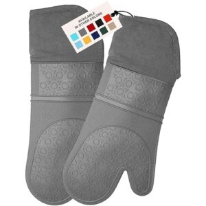 BPA-Free Soft Silicone Oven Mitts – Ultra Heat Resistant Oven Mitts with Thick Cotton Liner – Extra Long Slip Resistant Pot Holders, Flexible Oven Gloves – Gray 14.7″