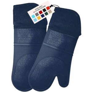 BPA-Free Soft Silicone Oven Mitts – Ultra Heat Resistant Oven Mitts with Thick Cotton Liner – Extra Long Slip Resistant Pot Holders, Flexible Oven Gloves – Navy 14.7″