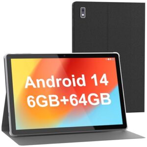 BYYBUO Android 14 Tablet, 10.1 inch Tablet with Case, 64GB ROM, Quad-Core Processor, 5000mAh Battery, 1280×800 IPS FHD Touchscreen, 5MP+8MP Camera, Bluetooth, WiFi, Metal Body – SMARTPAD A10_L