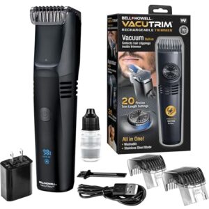 Bell+Howell Vacutrim Deluxe Cordless Mens Beard Trimmer, Rechargeable Electric Shaver with 20 Trim Setting and Built-in Vacuum for Mustache, Sideburns. Facial Hair, Black, 7.5″, As Seen On TV