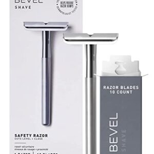 Bevel Safety Razor with Brass Weighted Handle and 10 Double Edge Safety Blade Refills, Single Blade Razor for Men, Designed for Coarse Hair to Prevent Razor Bumps – Silver (Packaging May Vary)