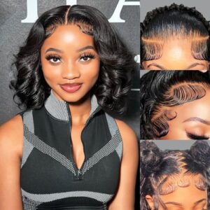 Bob Wig Human Hair 200 Density Pre Plucked 13×6 Body Wave HD Lace Front Wigs Human Hair Glueless Lace Frontal Wigs Short Bob Wigs for Black Women 12 Inch