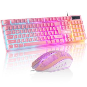 CHONCHOW Pink Keyboard and Mouse Combo with Backlit, Function Keys, 19 Keys Anti-ghosting for Gamer on PC Laptop Computer Mac PS4 Xbox, Cute Wired Light Up Gaming Keyboard & RGB Mouse for Girl Women