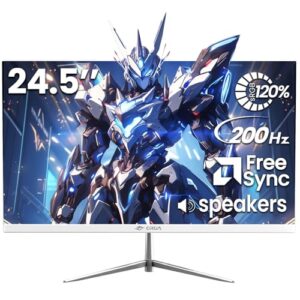 CRUA 24.5″ White Gaming Monitor, 200Hz FHD(1920 * 1080P) VA Screen Computer Monitor, Supports Freesync, 120% sRGB, Blue Light Filter, Built-in Speakers, Wall Mountable Installs(HDMI 1.4/DP 1.2)