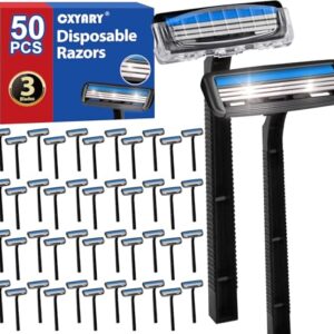 CXYARY 50 Pcs 3 Blade Disposable Razors With Clear Safety Cap, Shaving Razors Bulk for Men &Women, Stainless Steel Blade, Multipurpose Shave Razor for Bathing Hotel Travel, Black