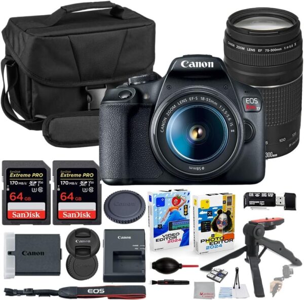 Canon EOS Rebel T7 DSLR Camera with 18-55mm & 75-300mm Lens Bundle with Canon 200ES EOS Shoulder Bag + 2X 64GB Extreme Memory Cards + Accessory Kit