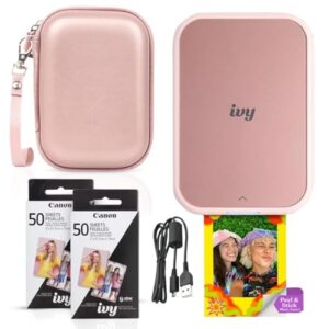 Canon Ivy 2 Mini Photo Printer (Blush Pink) – Bluetooth, Print from iOS & Android Devices, Bundle Incl. 110 Zink Sticky-Back Prints, LED Light Bar, Protective Case, and USB Cable