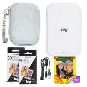 Canon Ivy 2 Mini Photo Printer (Pure White) – Bluetooth, Print from iOS & Android Devices, Bundle Incl. 110 Zink Sticky-Back Prints, LED Light Bar, Protective Case, and USB Cable