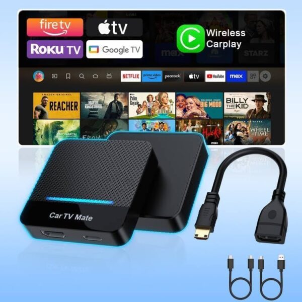 Car TV Mate-HDMl Multimedia Adapter for Fire T V Stick/Google TV Sticks/Game Consoles/Screen Throwers, 2 in 1 Carplay T V Adapter with HDMI and USBC Port for iPhone,Convert Wired to Wireless Car Play