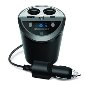Car and Driver Smart FM Transmitter Bluetooth Cup Holder with Alexa, Google, Siri Assistant for Car with Dual Ports USB A and USB-C PD Fast Charging Ports & Dual Cigarette Lighter 12V Power Sockets