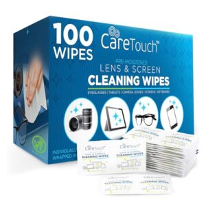 Care Touch Lens Wipes for Eyeglasses – 100 Individually Wrapped Pre-Moistened Glasses Wipes – Cleaner for Glasses, Sunglasses, and Screens – Gentle and Portable for On-The-Go Cleaning – 5×6 Inches