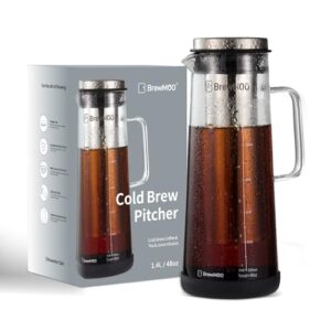 Cold Brew Coffee Maker & Iced Tea Maker (1.4L/48oz) – Sleek Wave Borosilicate Glass Pitcher, Stainless Steel Filter, Foam-Padded Packaging, Manual + Recipes, Sealed Lid & Anti-Slip (Black)